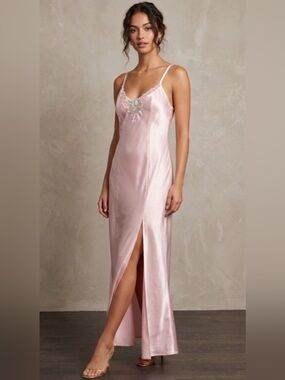 Pink K Y2K Pink Satin Slip Maxi Dress With Mesh Lace Embroidery Slit Front L